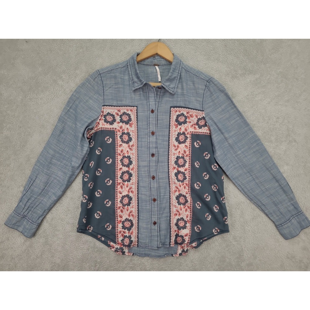Free People Born Free Denim LS Shirt Bandana Floral Print Button Up Western Sz S